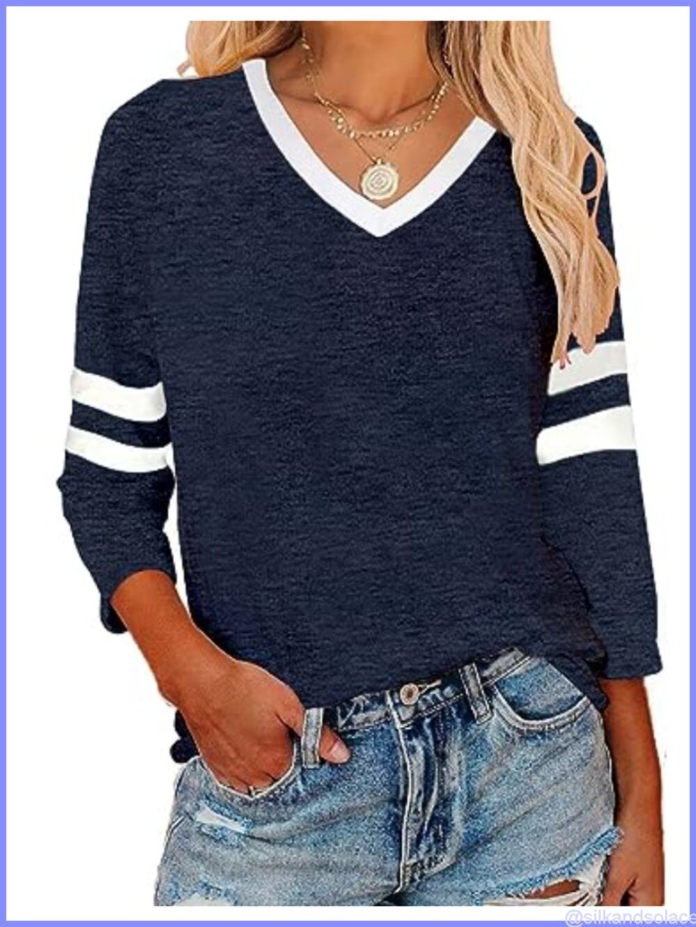 Womens V Neck Color Block 3/4 Sleeve Baseball Jersey Tee